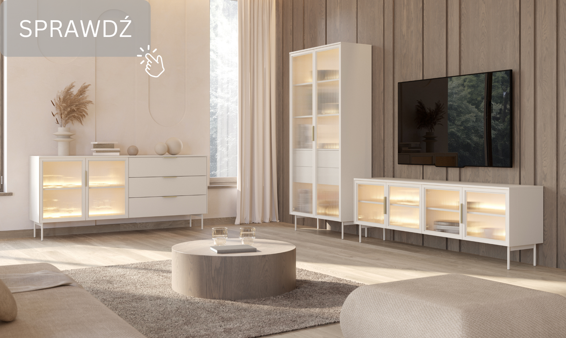 Witryna Wysoka LUMI 92 cm Kaszmir Ryflowane Szkło, Złote Uchwyty, Oświetlenie LED Lumi.png