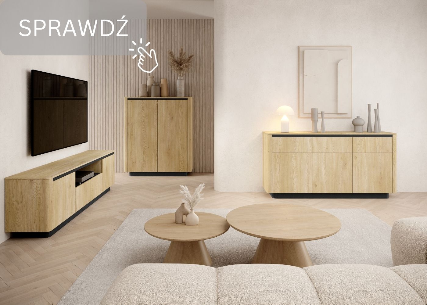 Regał TORRO dąb cremona 113 cm czarny 2 drzwi zaoblony push to open Torro_aranzacja_PL