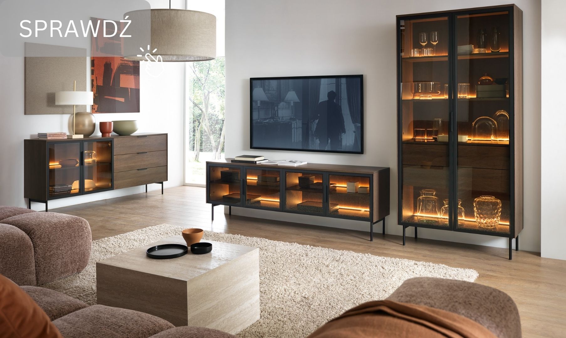 Witryna Wysoka LUMI 92 cm Dąb Dunin – Ryflowane Szkło, Czarne Uchwyty, Oświetlenie LED lumi_pl_oak