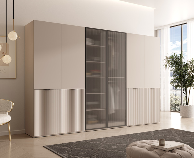 Szafa sześciodrzwiowa Zen w kolorze Cashmere + ryflowane szkło