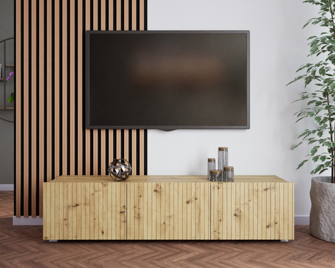 Szafka RTV Kolder 150 cm w kolorze dąb artisan i z ryflowanymi frontami