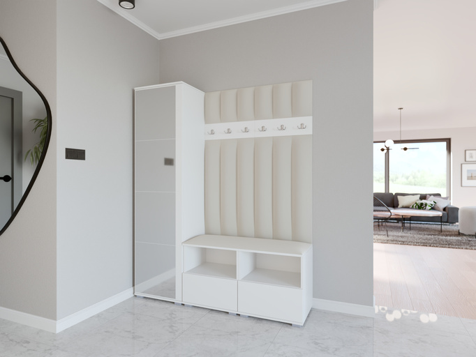 Tapicerowana garderoba Nela II LUX z lustrem - kolor biały + tkanina Trinity 01