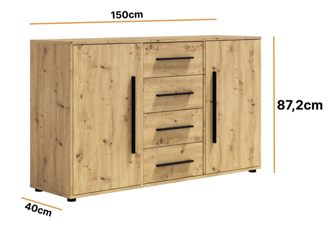 Komoda Modena K2D4SZ 150cm dąb artisan