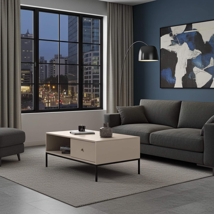 Prostokątna ława Bari z dwoma szufladami beżowa