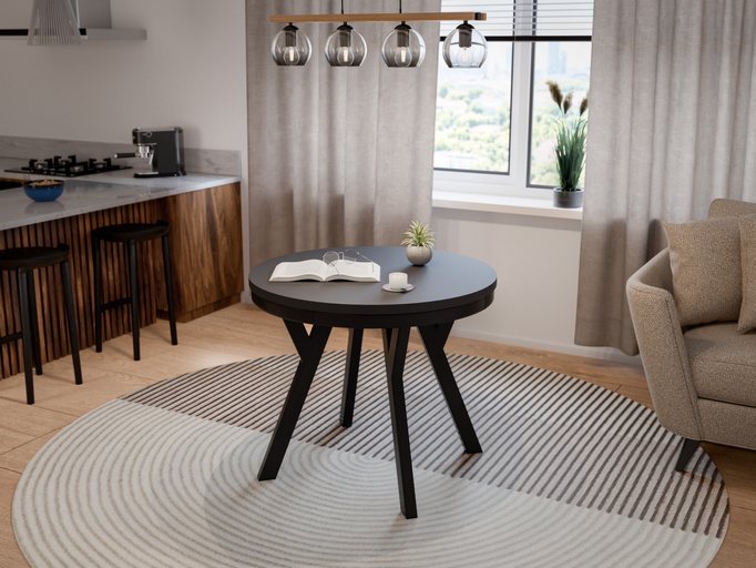 Stół Okrągły Rozkładany ARI 90-190 cm Czarny Mat – Loftowe Nogi Metal