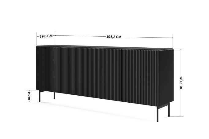 Komoda MUTI czarna 195 cm ryflowana 4 drzwi cichy domyk