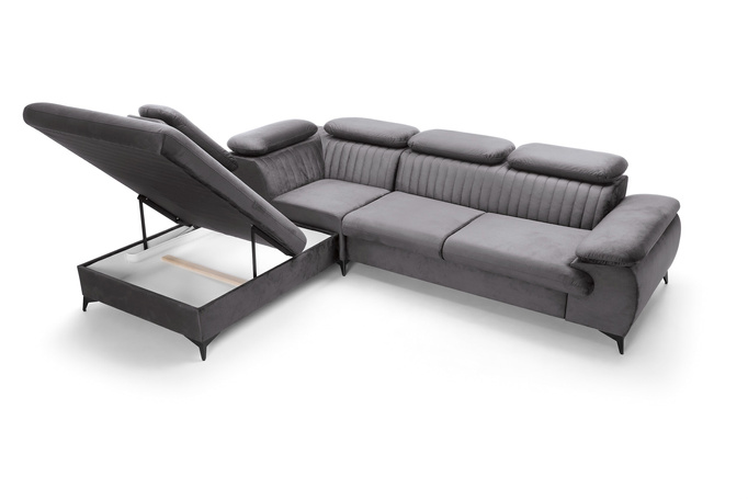 Narożnik VETTO lewostronny Monolith 92 popielaty ciemny szary welur funkcja spania