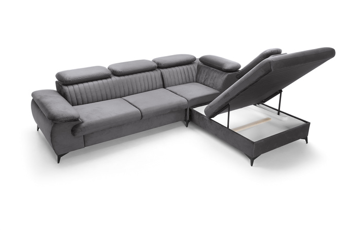 Narożnik VETTO prawostronny Monolith 92 popielaty ciemny szary welur funkcja spania