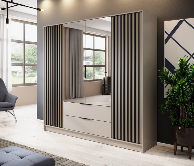 Szafa Stilo w kolorze cashmere czterodrzwiowa z lustrem i lamelami na froncie
