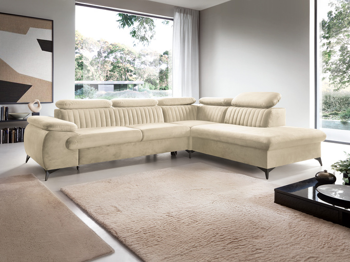 Narożnik VETTO prawostronny Monolith 02 ecru kremowy welur funkcja spania