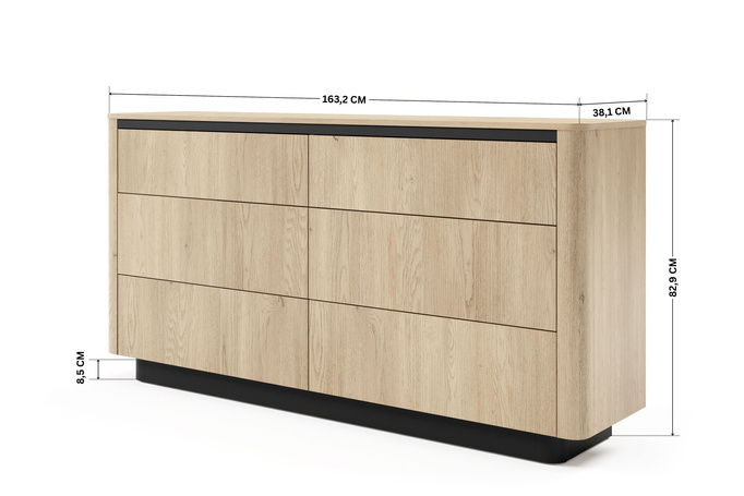 Komoda TORRO dąb cremona 163 cm czarna 6 szuflad zaoblona push to open