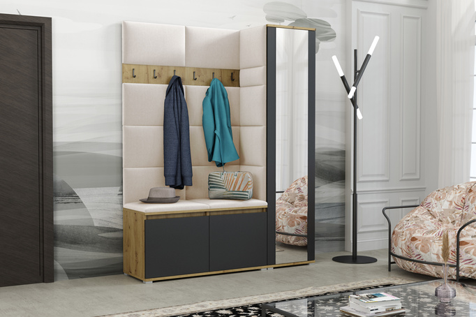 Tapicerowana garderoba Noris VII z lustrem - kolor artisan z czarnym frontem + tkanina Trinity 01