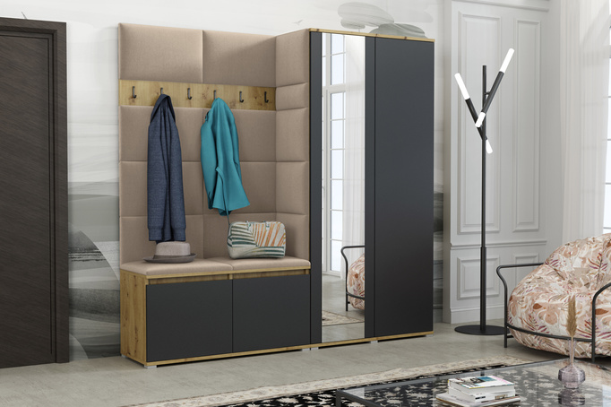 Tapicerowana garderoba Noris IV z lustrem - kolor artisan z czarnym frontem + tkanina Trinity 04