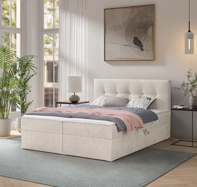 Łóżko kontynentalne Toronto 160×200 (Gerra 10 - Kremowy) z materacem bonell i topperem