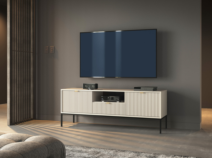 Stylowa szafka RTV Kioto RTV154 w kolorze cashmere z czarnymi nóżkami