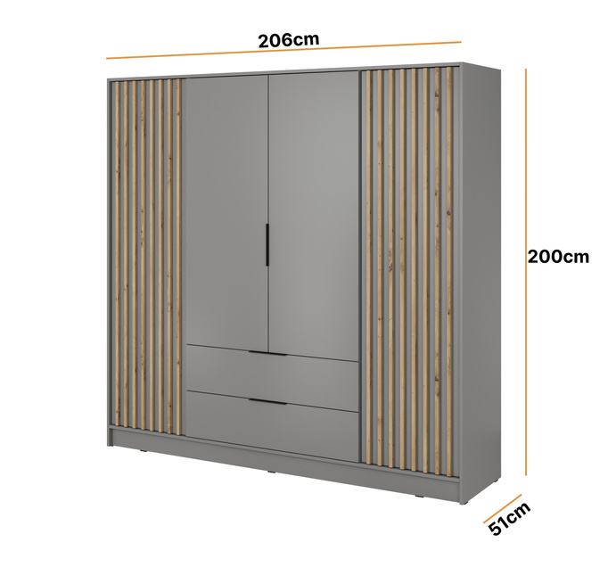 Szafa Stilo w kolorze szarym czterodrzwiowa z szufladami i lamelami na froncie