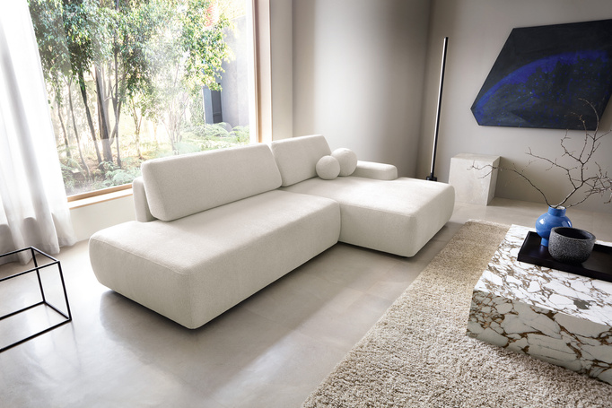 Narożnik OLMI O prawostronny Raven 24 beżowy piaskowy funkcja spania + poduszki