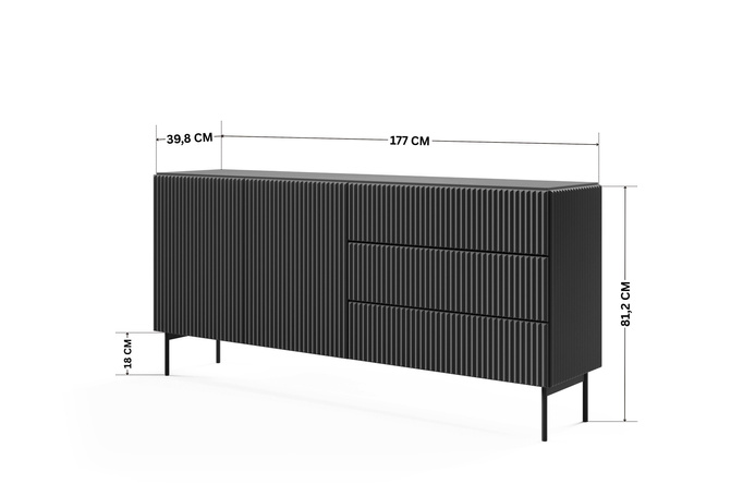Komoda MUTI czarna 177 cm 3 szuflady ryflowana push to open
