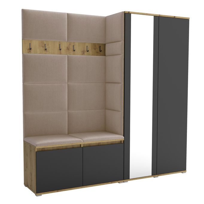 Tapicerowana garderoba Noris IV z lustrem - kolor artisan z czarnym frontem + tkanina Trinity 04