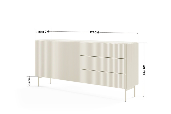 Komoda MUTI kaszmir 177 cm 3 szuflady ryflowana push to open