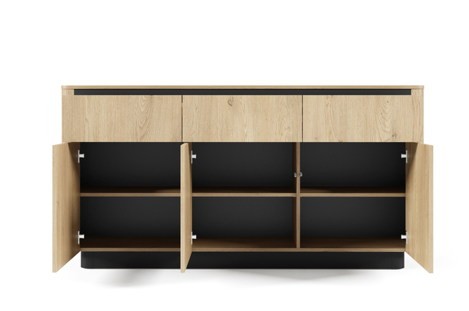 Komoda TORRO dąb cremona 163 cm czarna 3 szuflady zaoblona push to open