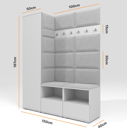 Tapicerowana garderoba Nela II - kolor biały + tkanina Trinity 32