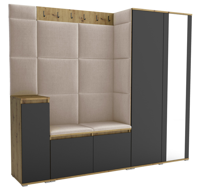 Tapicerowana garderoba Noris VIII z lustrem - kolor artisan z czarnym frontem + tkanina Trinity 04