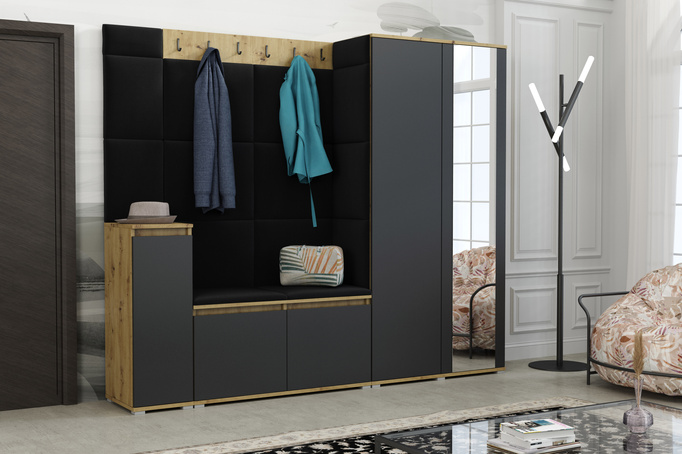 Tapicerowana garderoba Noris VIII z lustrem - kolor artisan z czarnym frontem + tkanina Trinity 16