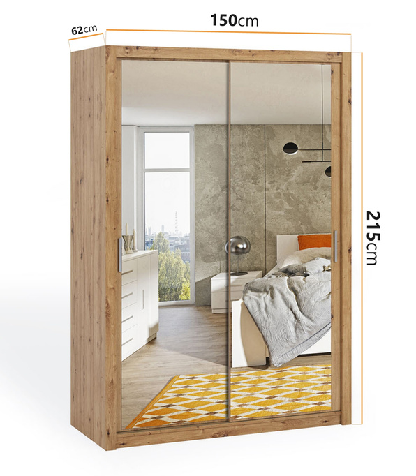 Szafa przesuwna Tamiza 150 cm z lustrem dąb artisan