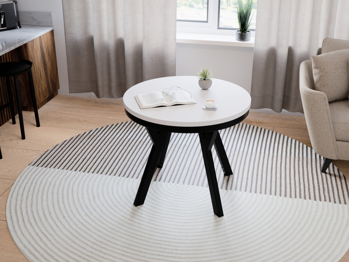 Stół Okrągły Rozkładany ARI 90-190 cm Biały Mat – Loftowe Czarne Nogi