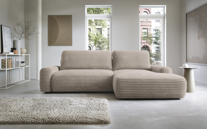 Narożnik sztruksowy z funkcją spania VIGO Ambience 04 Taupe pojemnik