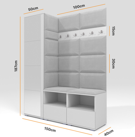 Tapicerowana garderoba Nela II z lustrem - kolor biały + tkanina Trinity 32