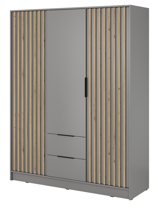 Szafa Stilo w kolorze szarym trzydrzwiowa z szufladami i lamelami na froncie