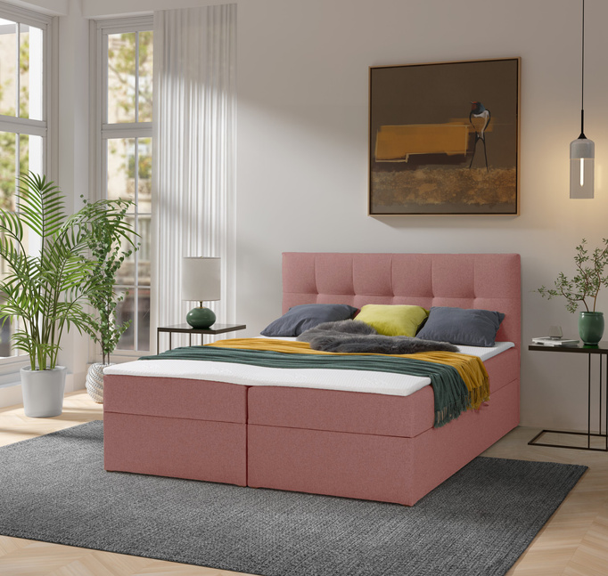 Łóżko kontynentalne Toronto 160×200 (Herbi 70 - Różowy) z materacem bonell i topperem