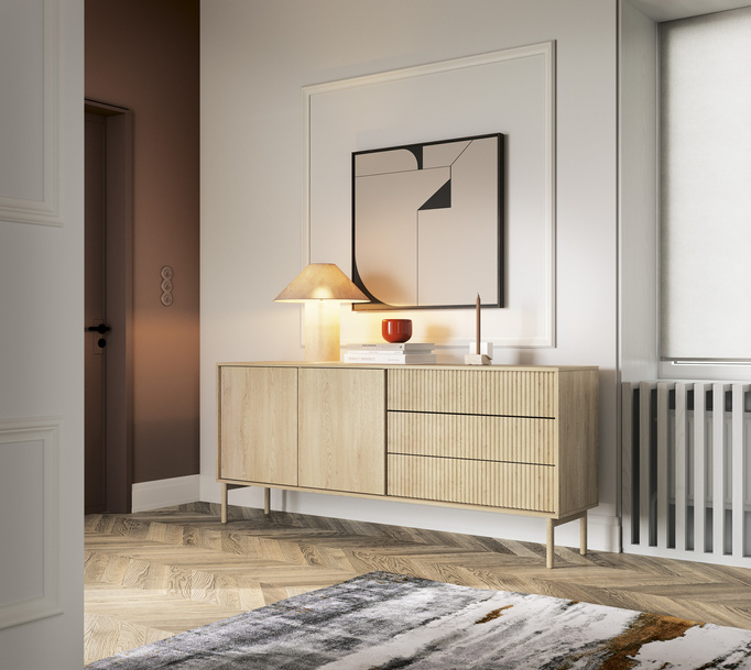 Komoda TAVO dąb cremona 187 cm 3 szuflady ryflowana push to open