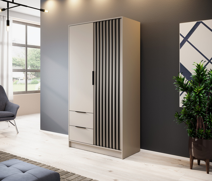 Szafa Stilo w kolorze cashmere dwudrzwiowa z szufladami i lamelami na froncie