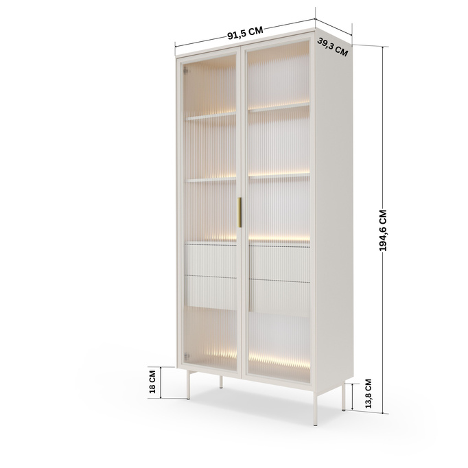 Witryna Wysoka LUMI 92 cm Kaszmir Ryflowane Szkło, Złote Uchwyty, Oświetlenie LED