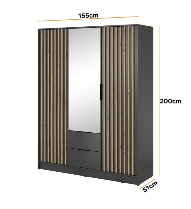 Szafa Stilo w kolorze grafitowym trzydrzwiowa z lustrem i lamelami na froncie