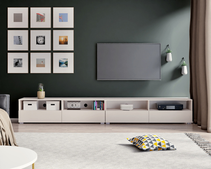 Elegancki zestaw RTV Tebris Dual 300 – cashmere, 2 szafki 150 cm z otworami na kable