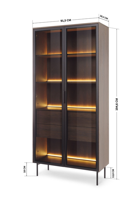 Witryna Wysoka LUMI 92 cm Dąb Dunin – Ryflowane Szkło, Czarne Uchwyty, Oświetlenie LED