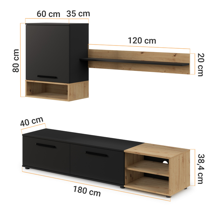 Meblościanka Vento 180 cm – nowoczesny zestaw mebli RTV do salonu, matowa czerń i dąb artisan