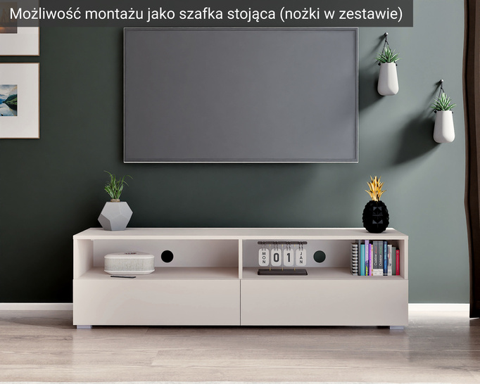 Nowoczesny zestaw RTV Tebris Dual 300 – biały mat, 2 szafki 150 cm z push to open