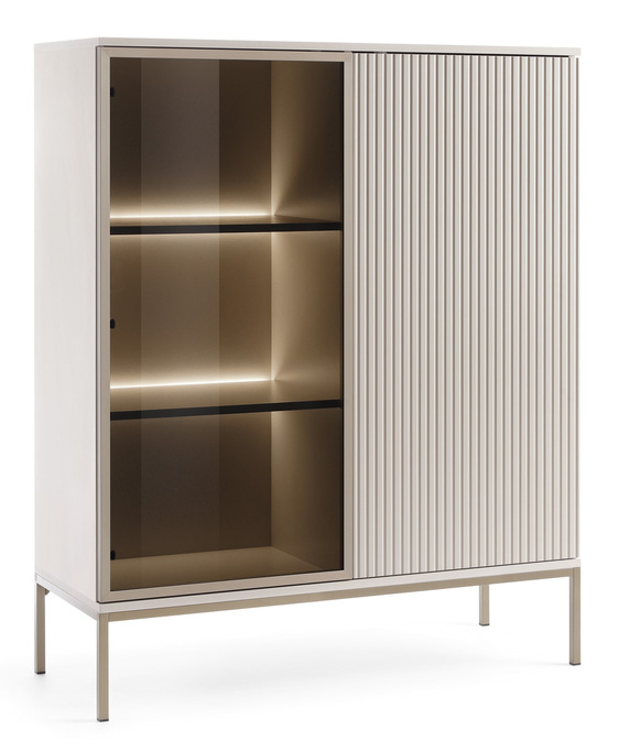 Witryna Lagos 126cm wysokość 2D z metalowymi nóżkami w kolorze Cashmere + LED
