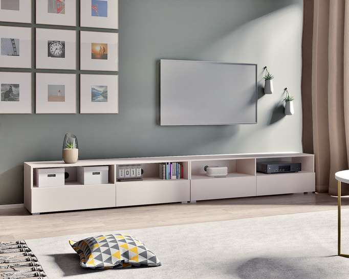 Elegancki zestaw RTV Tebris Dual 300 – cashmere, 2 szafki 150 cm z otworami na kable