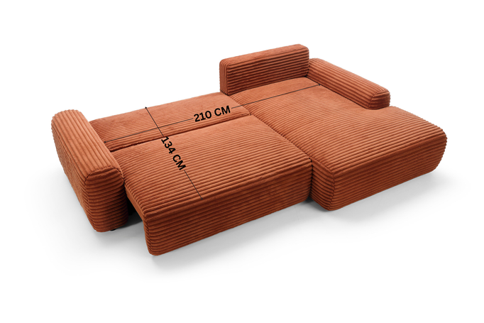 Narożnik sztruksowy z funkcją spania VIGO Ambience 09 Rudy Miedziany pojemnik