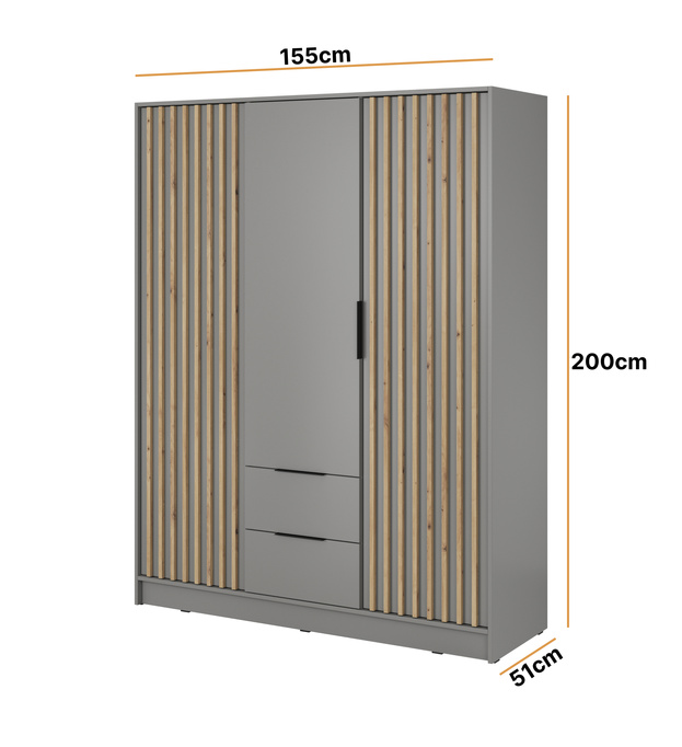 Szafa Stilo w kolorze szarym trzydrzwiowa z szufladami i lamelami na froncie