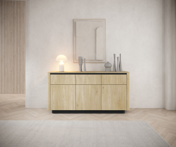 Komoda TORRO dąb cremona 163 cm czarna 3 szuflady zaoblona push to open