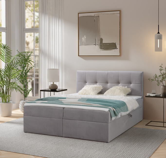 Łóżko kontynentalne Toronto 180×200 (Amor Velvet 4318 - Szary) z materacem bonell i topperem