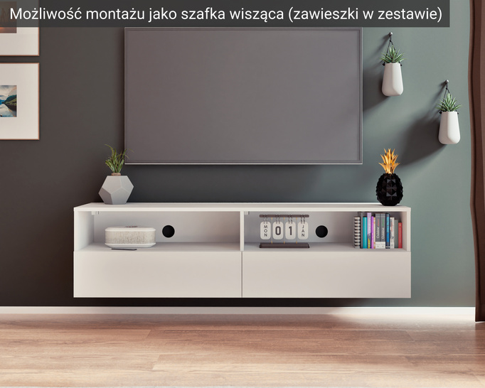 Elegancki zestaw RTV Tebris Dual 300 – cashmere, 2 szafki 150 cm z otworami na kable