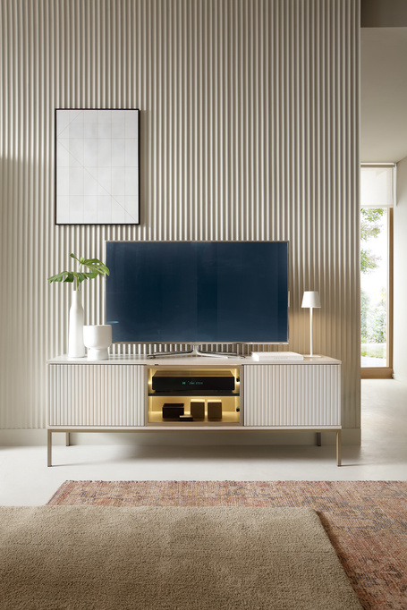 Szafka RTV Lagos 154cm z metalowymi nóżkami w kolorze Cashmere + LED